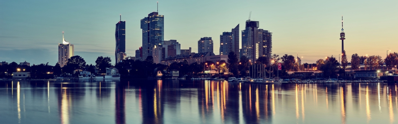 A view of buildings near the Alte Donau in Vienna.