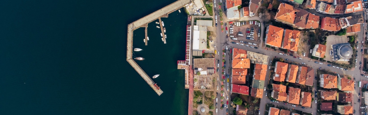 View of a coastal city from above